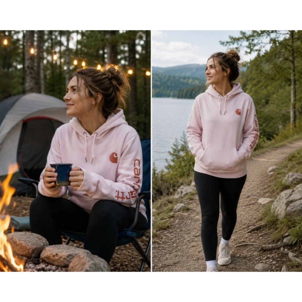 Carhartt Womens Relaxed Fit Sleeve Logo Hoodie Pink Sweatshirt Size Medium